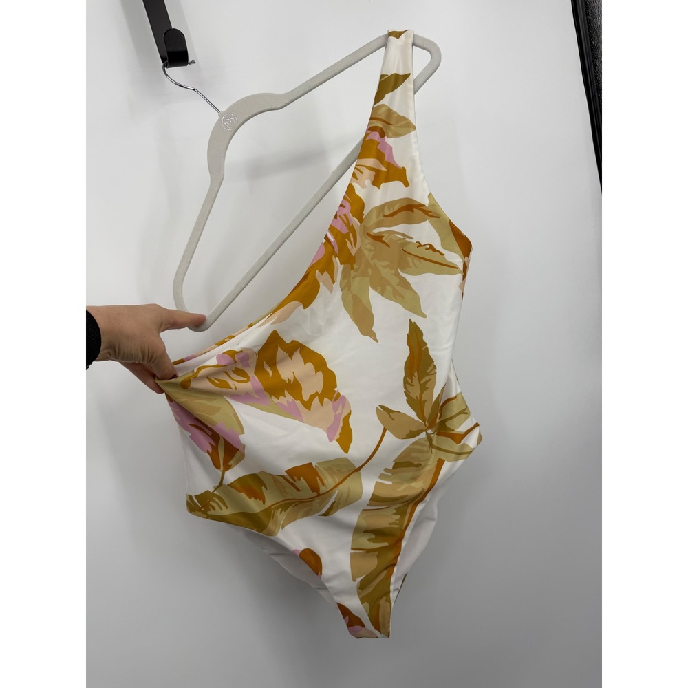BAIIA Tropical Floral One Shoulder Swimsuit sz 16 White Pink Mustard Botanical